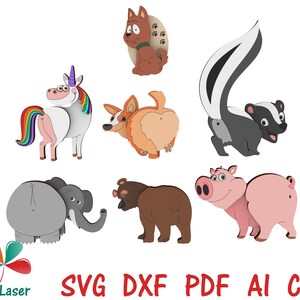 May include: A set of 7 colorful animal butt cutouts, including a unicorn, a corgi, a skunk, an elephant, a bear, a pig, and a dog. The cutouts are made of wood and are perfect for crafting projects.