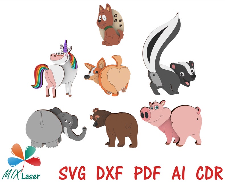 May include: A set of 7 colorful animal butt cutouts, including a unicorn, a corgi, a skunk, an elephant, a bear, a pig, and a dog. The cutouts are made of wood and are perfect for crafting projects.