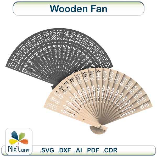 Planos cortados con láser. Abanico decorativo de madera. Oriental Wooden Fan Wedding Favor Glowforge SVG archivos de corte por láser. Vector divertido de decoración de pared para láser.