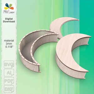 Puede incluir: Tres estructuras de madera en forma de media luna con un acabado marrón claro. Las estructuras están hechas de material de 3 mm y tienen un interior acanalado. La imagen también incluye el texto "MIX Laser" y "Digital Download".