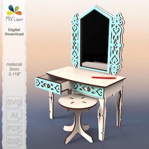 May include: A wooden vanity set with a mirror, drawer, and stool. The mirror and drawer accents are light blue. The vanity is made of 3mm (0.118") material. The image includes the text "MIX Laser Digital Download".