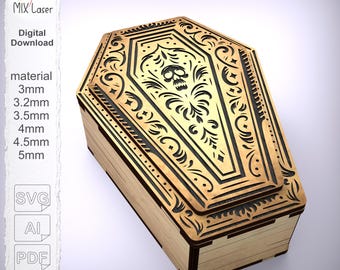 Halloween coffin gift box laser cut SVG, gothic skull engraved wooden box for candy rings earrings spooky decor digital template