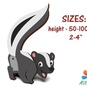 May include: A black and white cartoon skunk with a raised tail. The skunk is looking to the right and has a happy expression. The image includes the text "SIZES: height - 50-100mm 2-4"