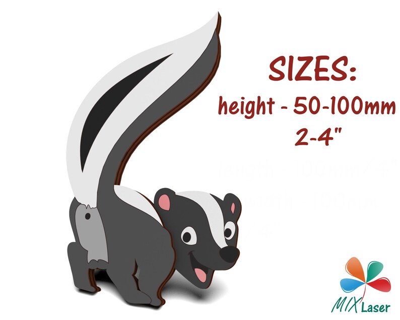 May include: A black and white cartoon skunk with a raised tail. The skunk is looking to the right and has a happy expression. The image includes the text "SIZES: height - 50-100mm 2-4"