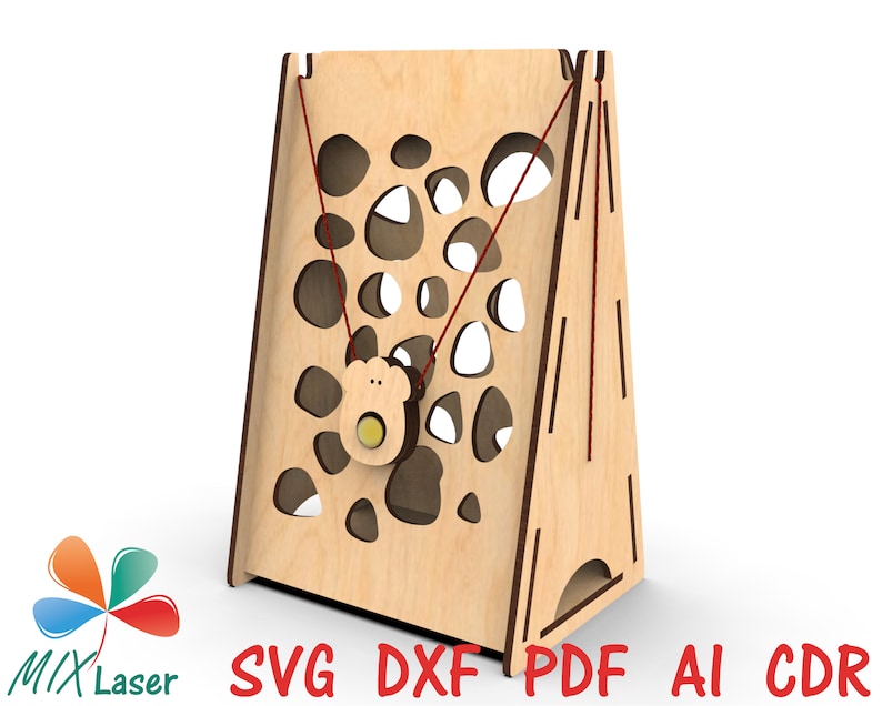 May include: Wooden toy with a maze of holes and a hanging bear-shaped object. The toy is made of light brown wood and has a red string attached to the bear.