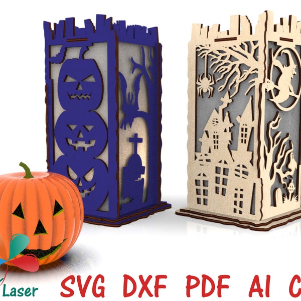 Halloween Lantern Wooden Pumpkin lamp Laser cut files Pumkin lights diy decor Cnc vector template Outdoor decorations Glowforge SVG DXF