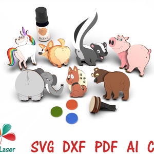 May include: A set of 9 laser cut wooden animal car air fresheners. The animals include a unicorn, a corgi, a skunk, a pig, an elephant, a fox, a bear, and a car air freshener holder. The set also includes 3 small circles in red, green, and blue.
