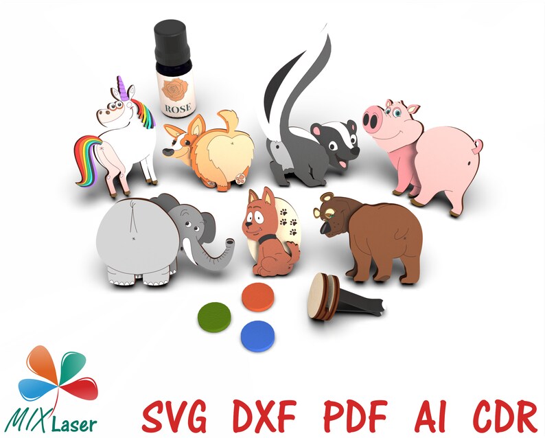 May include: A set of 9 laser cut wooden animal car air fresheners. The animals include a unicorn, a corgi, a skunk, a pig, an elephant, a fox, a bear, and a car air freshener holder. The set also includes 3 small circles in red, green, and blue.