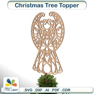 May include: A laser cut wooden Christmas tree topper in the shape of an angel with intricate details. The topper is designed for use with a standard Christmas tree.