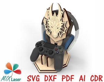 Laser files Wood Gaming Headphone Headset Stand Holder Organizer. Digital CNC DXF SVG files for laser cutting wood.
