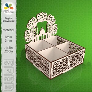 Laser Cut Ramadan Sweets Tray SVG with Mosque Backdrop, Treat Box with 4 Compartments, Eid Table Decor File for 6mm and 3mm Material