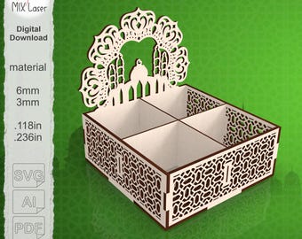 Laser Cut Ramadan Sweets Tray SVG with Mosque Backdrop, Treat Box with 4 Compartments, Eid Table Decor File for 6mm and 3mm Material