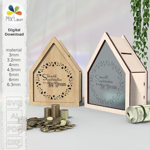 Sparschwein SVG für Laserschnitt, Haus Spardose mit Spruch, Sparbüchse aus Acrylholz, digitale Datei
