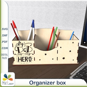 Organizador de mesa para lápis, arquivos cortados a laser. Arquivos vetoriais CNC, DXF, SVG, PDF e CDR para organizador de madeira com corte a laser. Porta-canetas com arquivos SVG a laser.