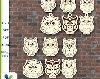 Owls keychains laser cut templates. Glowforge SVG vector files.