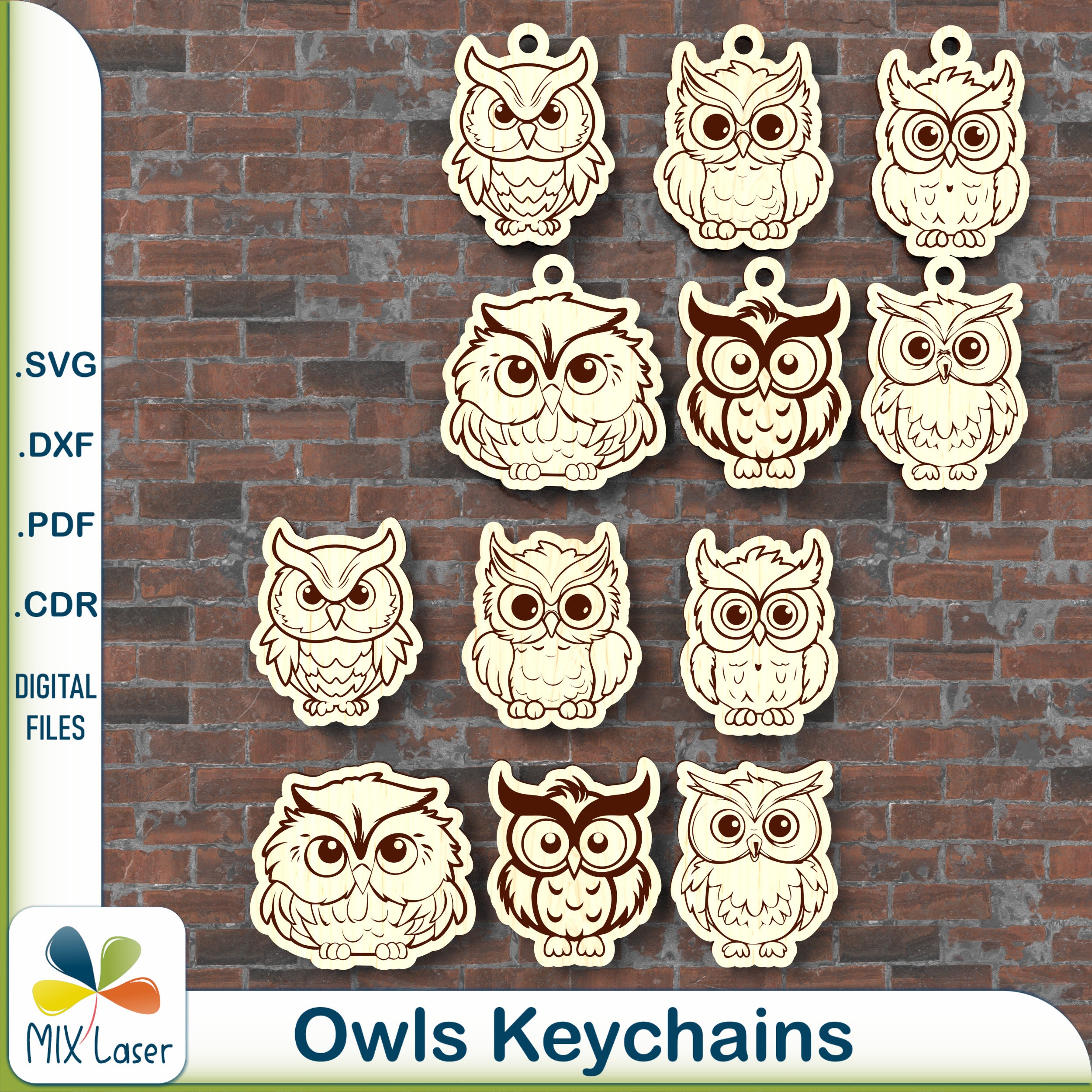 Owls keychains laser cut templates. Glowforge SVG vector files.