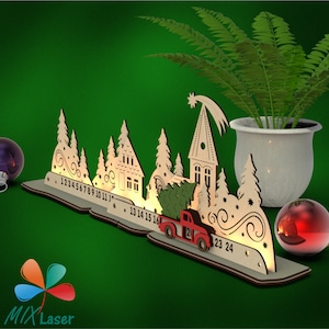 Calendrier de l'Avent Noël camion SVG fichiers découpés au laser pour Glowforge, projet de compte à rebours modèle vectoriel, plans de routeur DXF CNC, cadeau de Noël