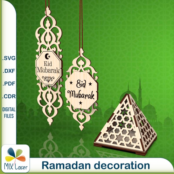 DXF laser files Eid decor bundle - SVG templates Ramadan Kareem two pendants and Pyramid Fragrance Stand - CNC muslim gift vector cut plan