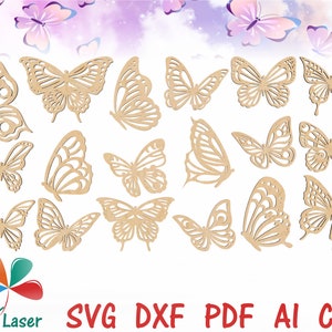Pakiet plików SVG DXF z wycinanymi laserowo motylami - Wzory wycinane laserowo w formacie SVG firmy Glowforge dla maszyn CNC - pliki wektorowe do cięcia drewna, papieru, skóry itp.