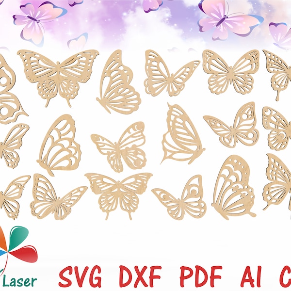 Schmetterling Laser geschnittene SVG DXF Dateien Bundle - Glowforge SVG Laser geschnittene Muster für cnc - Vektordateien zum Schneiden von Holz, Papier, Leder, etc.