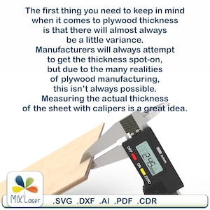 May include: A close-up of a digital caliper measuring a piece of plywood. The caliper reads 2.45 mm. The text on the image reads "The first thing you need to keep in mind when it comes to plywood thickness is that there will almost always be a little variance. Manufacturers will always attempt to get the thickness spot-on, but due to the many realities of plywood manufacturing, this isn't always possible. Measuring the actual thickness of the sheet with calipers is a great idea."