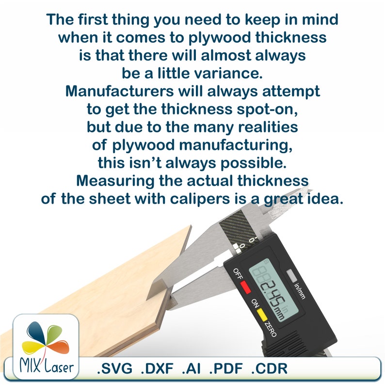 May include: A close-up of a digital caliper measuring a piece of plywood. The caliper reads 2.45 mm. The text on the image reads "The first thing you need to keep in mind when it comes to plywood thickness is that there will almost always be a little variance. Manufacturers will always attempt to get the thickness spot-on, but due to the many realities of plywood manufacturing, this isn't always possible. Measuring the actual thickness of the sheet with calipers is a great idea."