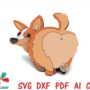 May include: A cartoon illustration of a brown and orange corgi dog with its tail curled over its back. The dog is looking over its shoulder with a happy expression. The dog's back end is facing the viewer.