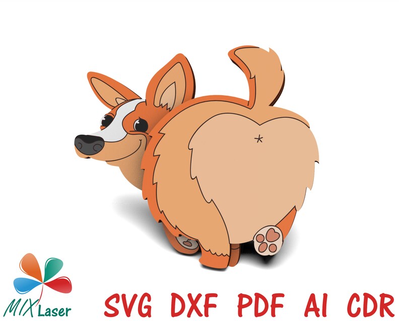 May include: A cartoon illustration of a brown and orange corgi dog with its tail curled over its back. The dog is looking over its shoulder with a happy expression. The dog's back end is facing the viewer.