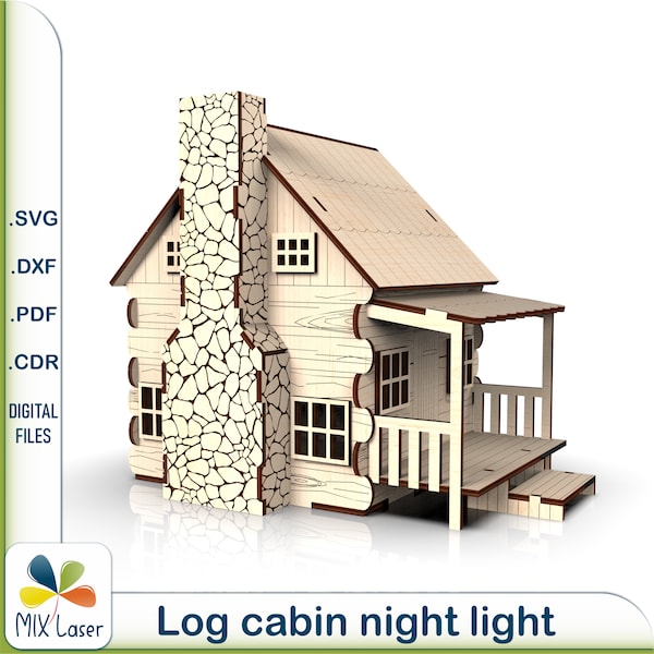 Christmas village houses candlestick, night light Log Cabin, Glowforge SVG laser cutting vector files, CNC cut files for wood.