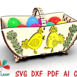 Glowforge SVG fichiers découpés au laser Panier d'oeufs de Pâques, modèle laser dxf pour panier de bonbons de Pâques, plans découpés au laser, modèles de panier de Pâques en bois découpés