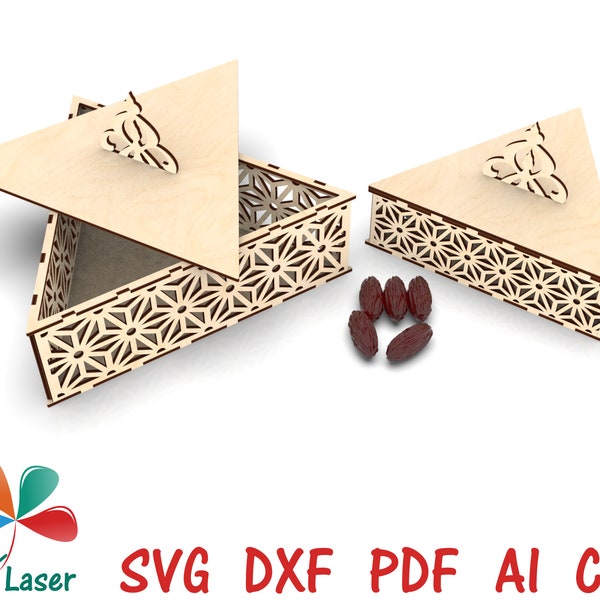 Eid Ramadan Mubarak Fruits secs cadeau Découpe laser Fichiers SVG DXF Boîte. Fichiers de conception laser de stockage de boîte de nourriture de bonbons de dessert de Ramadan Mubarak.