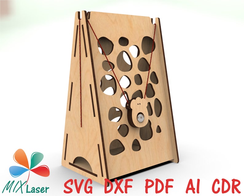 May include: A wooden toy with a triangular base and a patterned front. The toy has a string with a small bear-shaped object attached to it. The toy is designed for children to play with.