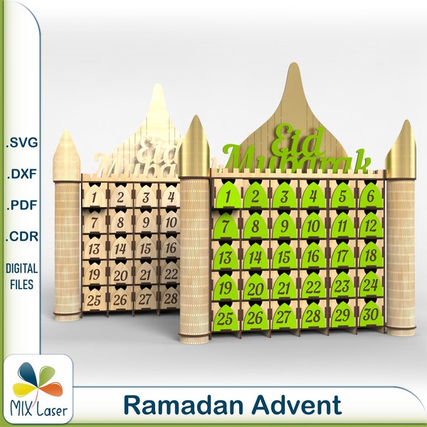 Modello di taglio laser del calendario dell'avvento del Ramadan - Giorni per l'Eid Taglio laser File vettoriali SVG DXF CNC - Taglio laser 3mm