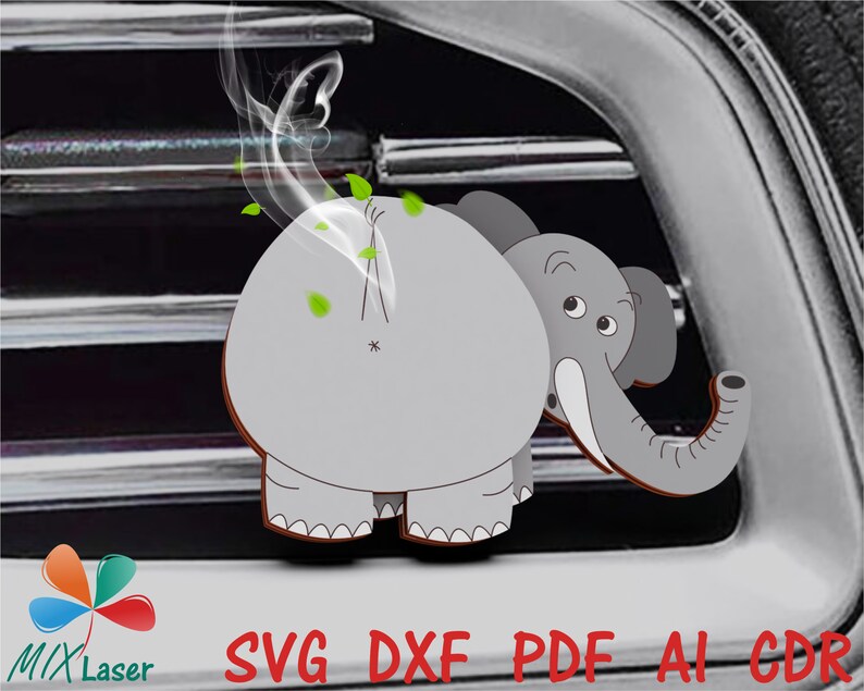 May include: A gray cartoon elephant with a trunk and large ears is sticking out of a car's air vent. The elephant is emitting smoke and green leaves, suggesting it is a car air freshener.