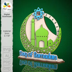 SVG file for Ramadan countdown calendar Day of Ramadan – mosque crescent laser cut sign with rotating dial – digital Eid decor 3mm