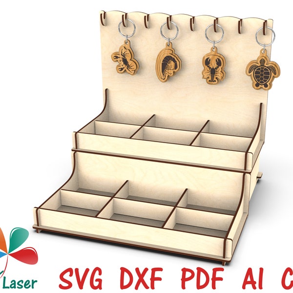 Keychains Display Stand SVG Glowforge digital laser cutting files for wood, DXF CNC project, jewelry display.