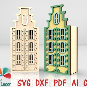 Archivo SVG de alcancía de casa holandesa, hucha de madera cortada a láser, DXF de casa del canal de Ámsterdam, plantilla 3D de alcancía Glowforge, CDR Ai