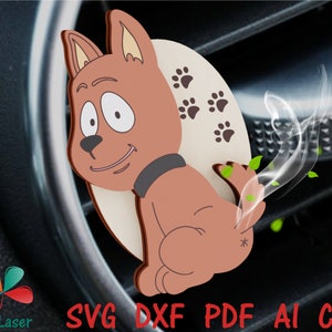 May include: A brown cartoon dog with a black collar and paw prints on its back is sitting in a car air vent. The dog is smiling and has a cloud of smoke coming out of its rear end.