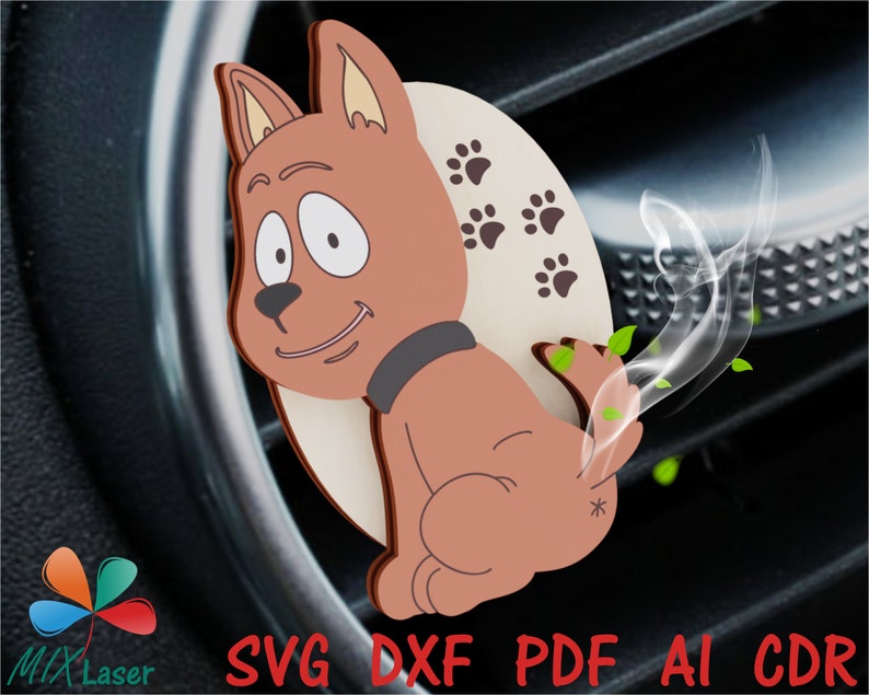 May include: A brown cartoon dog with a black collar and paw prints on its back is sitting in a car air vent. The dog is smiling and has a cloud of smoke coming out of its rear end.