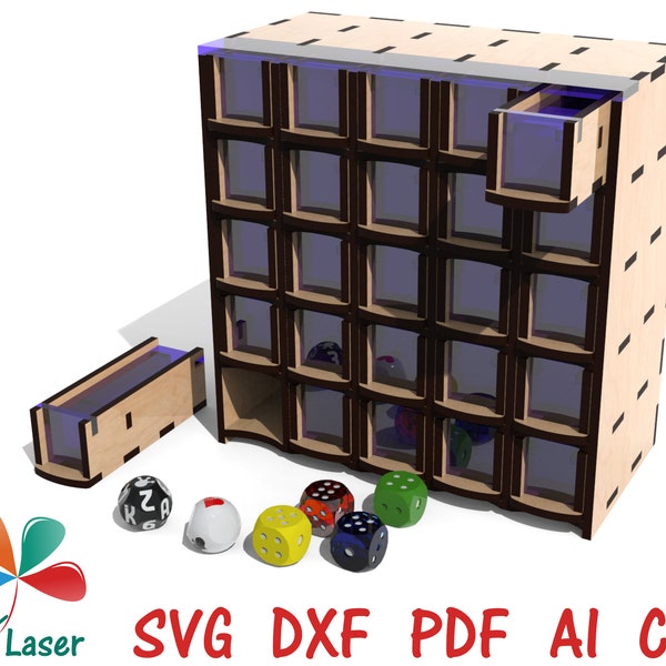 Dice box, dice organizer, dice holder, dice storage, dnd dice box, glowforge svg files, vector files for laser cutting wood, laser cut plans