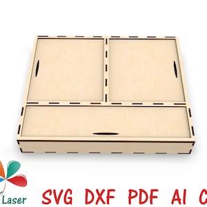 May include: A light-colored wooden organizer with three compartments and a drawer. The organizer has a rectangular shape with dark brown trim and cut-out handles. The text "SVG DXF PDF AI CDR" is displayed in red.