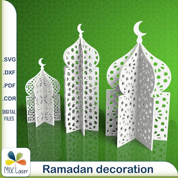 Ramadan table decorations SVG DXF laser cutting plans - Eid Mubarak decorative mosque lantern CNC projects for laser