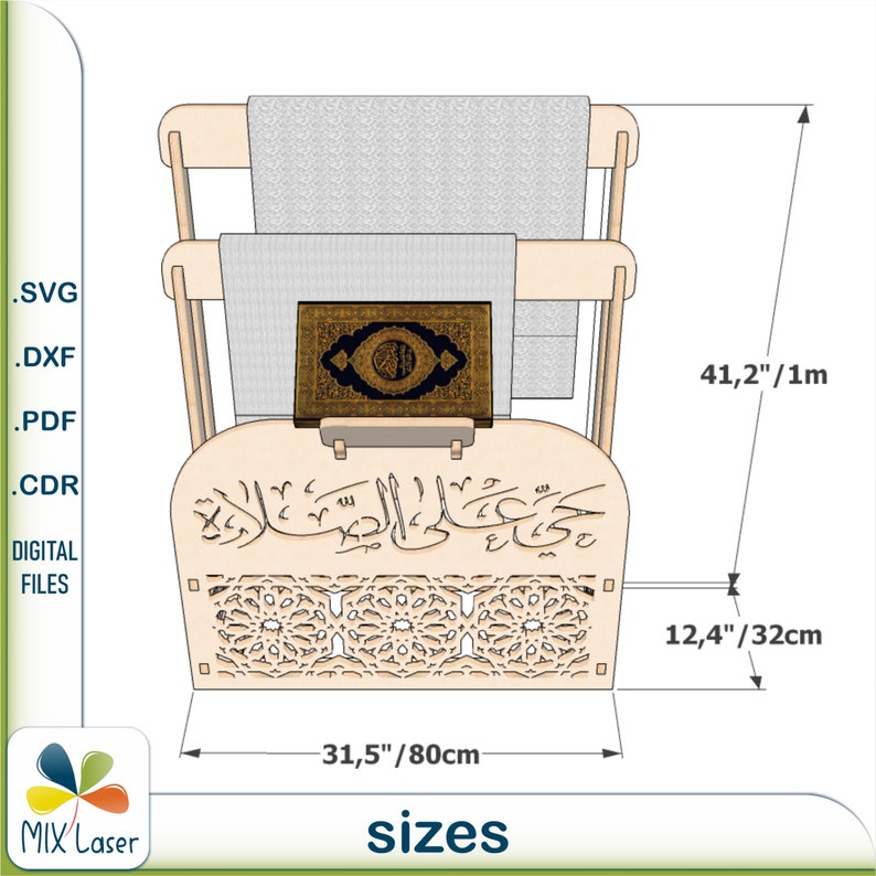 Support pour le coran et le tapis de prière, fichiers de découpe laser CNC plans de coupe vectorielle pour support de coran, tapis de prière DXF image 2