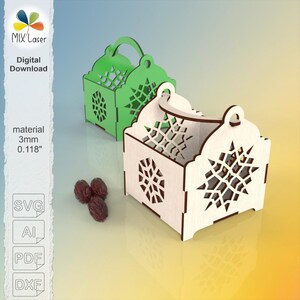 SVG Eid Ramadan presentask laserskärningsmallar - Glowforge Ramadan Mubarak korg för torkad frukt, snacks och sötsaker.