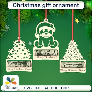 Progetti di ornamenti natalizi per porta soldi in formato SVG laser, piano CNC per cartelli natalizi per soldi, file digitali