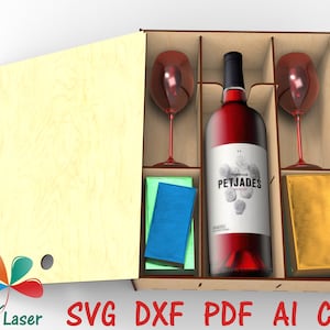 Aangepaste persoonlijke bestelling Wijnfles en twee glazen lasergesneden doos. Glowforge lasergesneden wijnkist. DXF-vectorbestanden voor CNC-lasersjablonen.