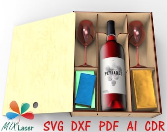 Custom Personal Order Wine bottle and two glasses laser cut box. Glowforge laser cut wine box . DXF vector files for CNC laser templates.