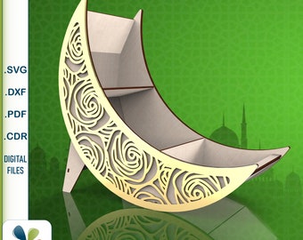 Projet de découpe laser de plateau en croissant CNC Ramadan Mubarak DXF - dessert du ramadan kareem SVG, conception de vecteur de boîte de fruits secs - vecteur numérique