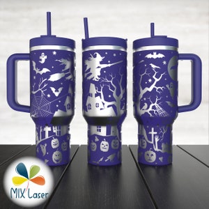 May include: Three stainless steel tumblers with a dark blue exterior and silver Halloween-themed designs. Each tumbler features a handle, lid, and straw. The designs include bats, ghosts, witches, haunted houses, and pumpkins.