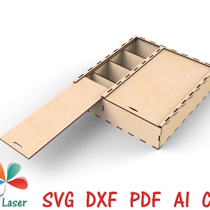 Laser cut box with duble sliding lid. Laser cut wood patterns. Vector DXF Cnc files for laser cutting wood box